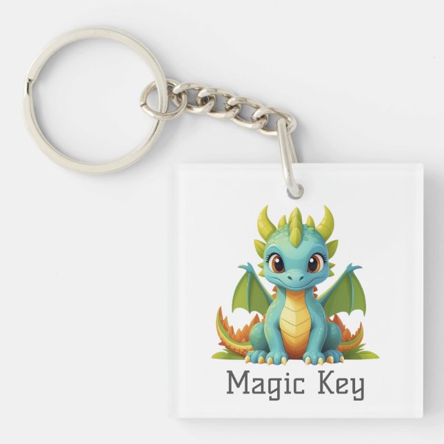 Magic Key Green Blue Baby Dragon Keychain (Front)