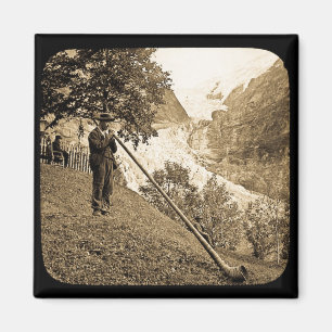 Magic Lantern Slide Swiss Alps Horn Blower Magnet