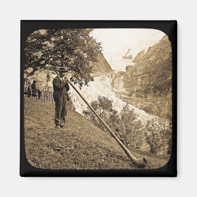 Magic Lantern Slide Swiss Alps Horn Blower Magnet (Front)
