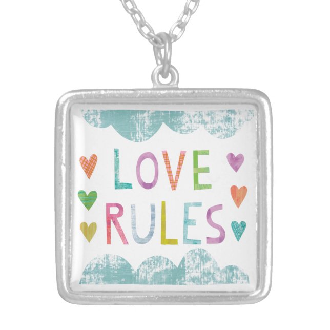 Magic Love Rules with Hearts Silver Plated Necklace (Front)