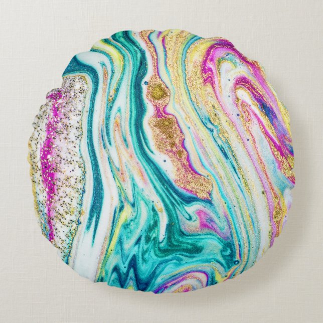 Magic Marbling: Metallic Paint Design. Round Pillow (Front)