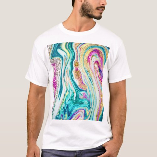 Magic Marbling Metallic Paint Design T_Shirt