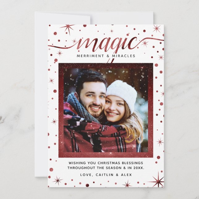 Magic, Merriment & Miracles Snowflakes | Burgundy Holiday Card (Front)