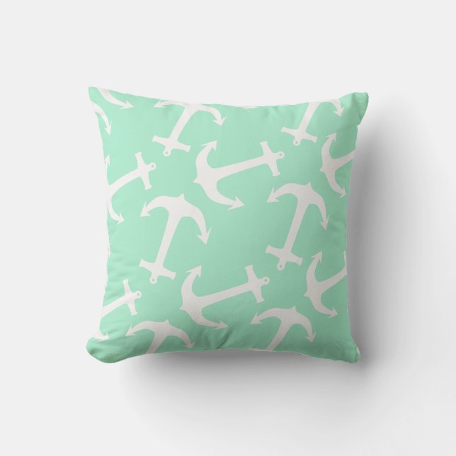 Magic Mint and White Anchors Throw Pillow (Front)