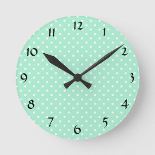 Magic Mint and White Polka Dot Pattern Round Clock