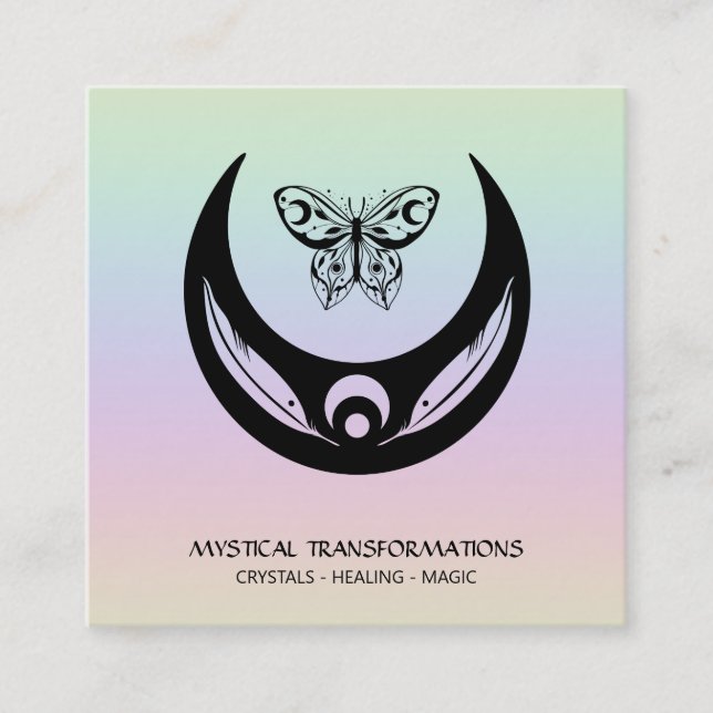 *~* Magic Moon Feathers Moth Boho Universe Rainbow Square Business Card (Front)