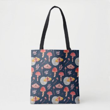 Magic Moth And Mushroom Pattern. Woodland Night Tote Bag by RemioniArt at Zazzle