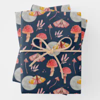 Cute Festive Mushroom and Frog Pattern Christmas Wrapping Paper Sheets