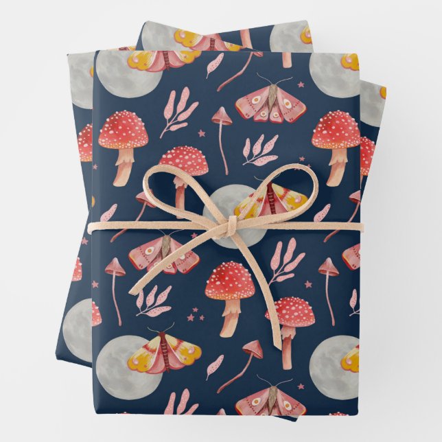 Magic moth and mushroom pattern. Woodland night Wrapping Paper Sheets (In situ)