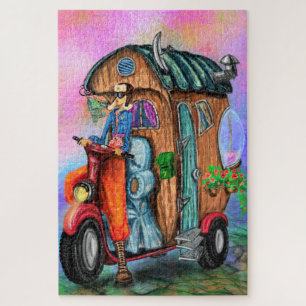 Magic Motorhome - World Traveling Girl - Painting  Jigsaw Puzzle