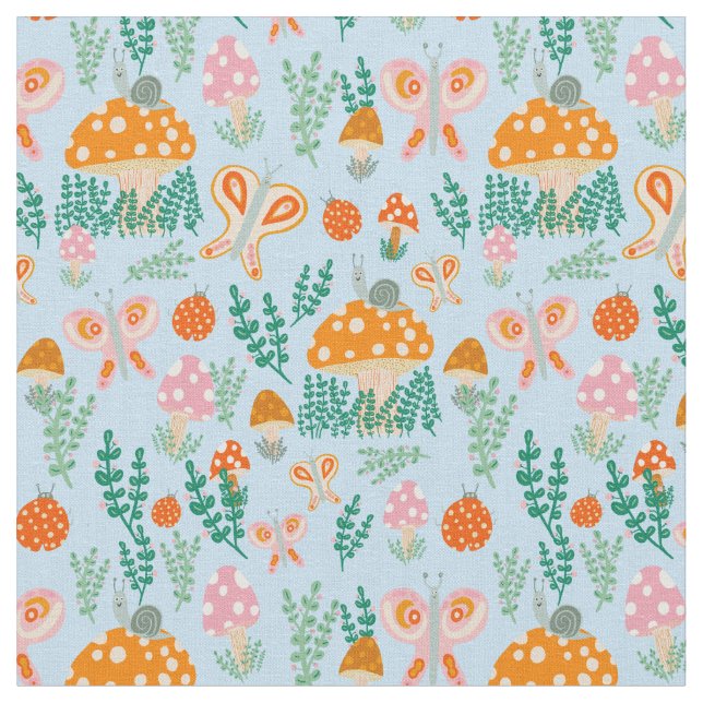 Magic Mushrooms Cute Butterflies Snails Ladybugs Fabric (Close Up)