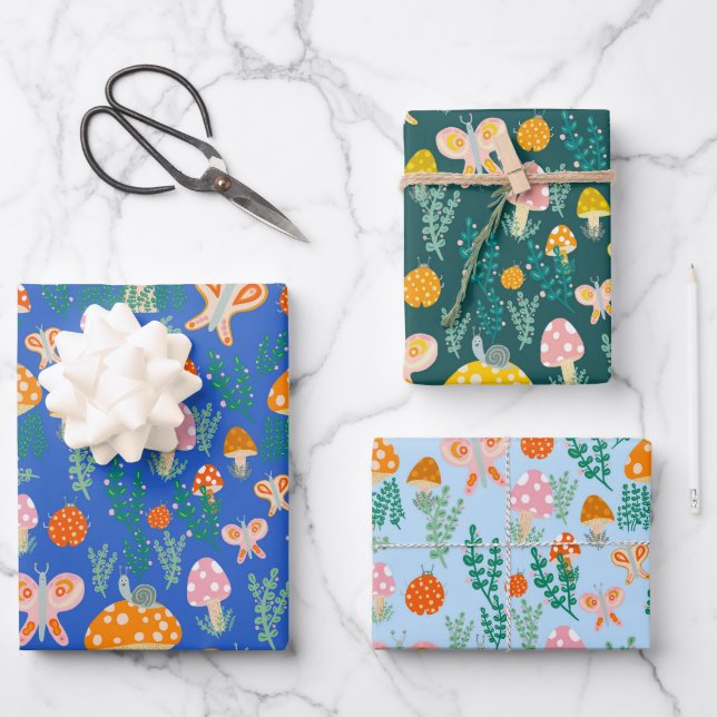 Magic Mushrooms Cute Butterflies Snails Ladybugs Wrapping Paper Sheets (Front)