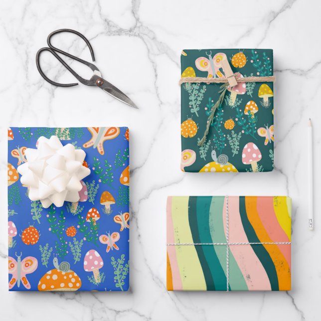 Magic Mushrooms Cute Butterflies Snails Ladybugs Wrapping Paper Sheets (Front)