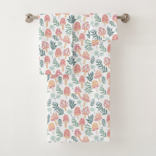 Magic Mushrooms Forest Pattern Pink Green Bath Towel Set