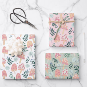 Magic Mushrooms Forest Pattern Pink Green Wrapping Paper Sheets