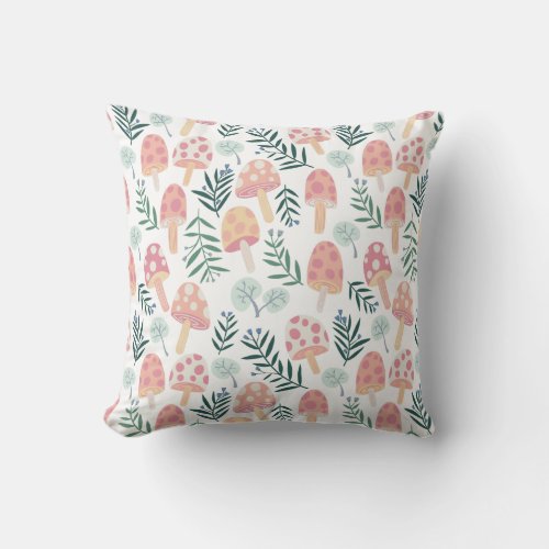 Magic Mushrooms Forest Pattern Throw Pillow