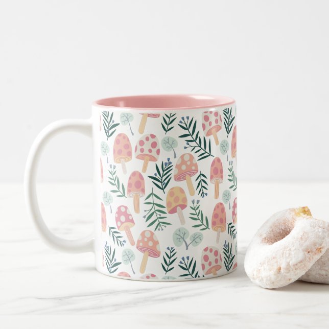 Magic Mushrooms Forest Pattern Two-Tone Coffee Mug (With Donut)