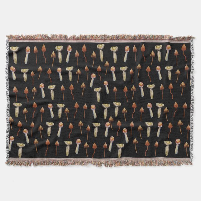 Magic Mushrooms Watercolor Art Throw Blanket (Front)