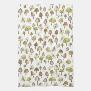Magic Mushrooms Watercolor Forest Pattern Kitchen Towel
