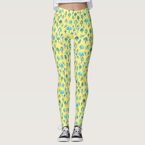 Magic Mushrooms Watercolor Forest Pattern Leggings