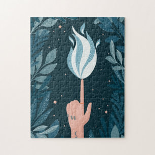 Magic night blue navy flame. Fire light spirit Jigsaw Puzzle