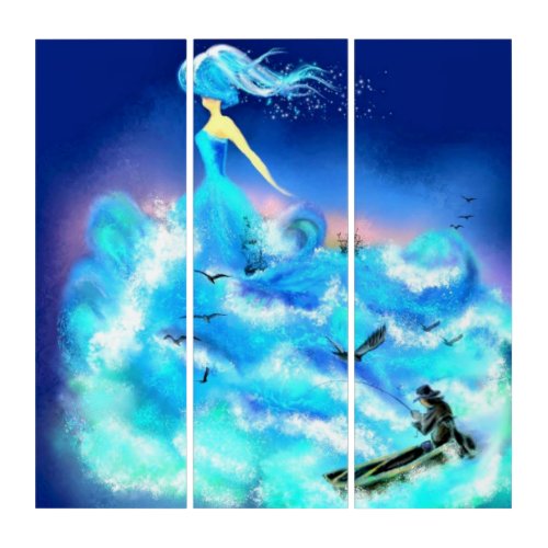 Magic Ocean Woman Triptych Blue Fantasy Painting