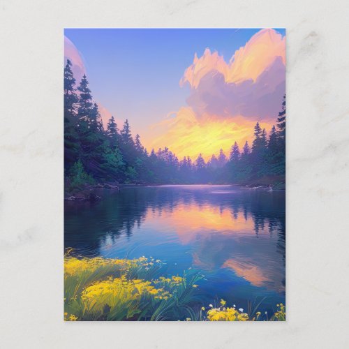 Magic of a Sunset at a Serene Forest Lake Holiday Postcard