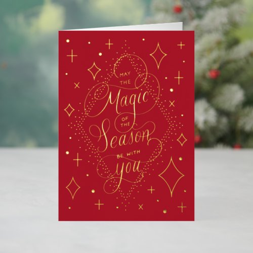 Magic of the Season Hand_Lettering Red Gold Foil Holiday Card