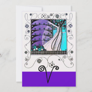 MAGIC OF THE SPRING,bright purple black aqua blue Invitation