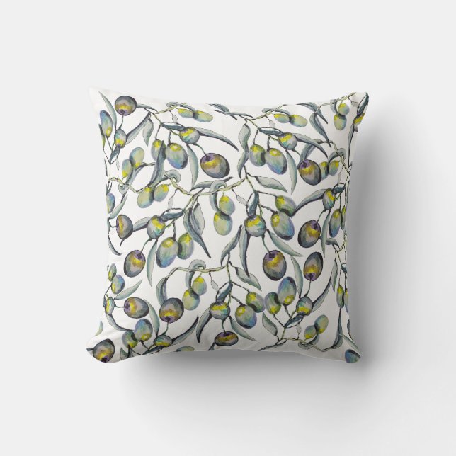 Magic Olive Watercolor Hand-painted Throw Pillow (Front)
