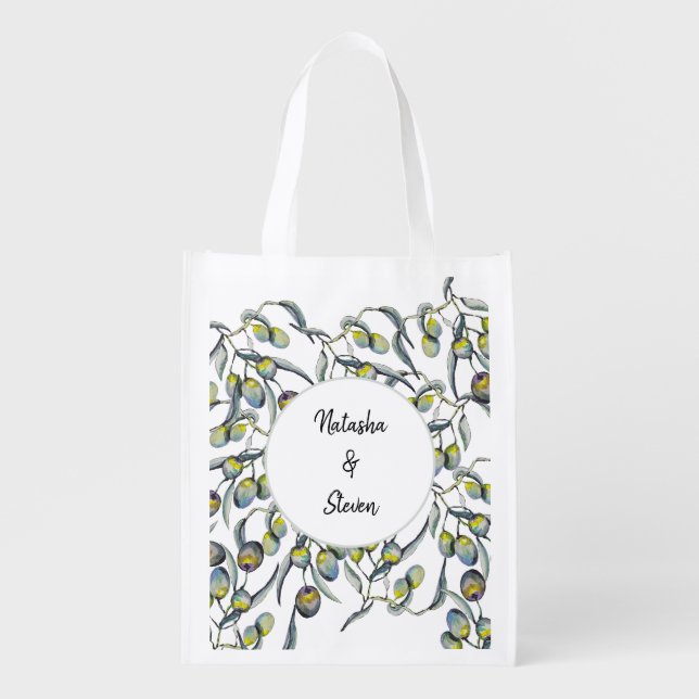 Magic Olives Watercolor Hand-painted Grocery Bag (Front)