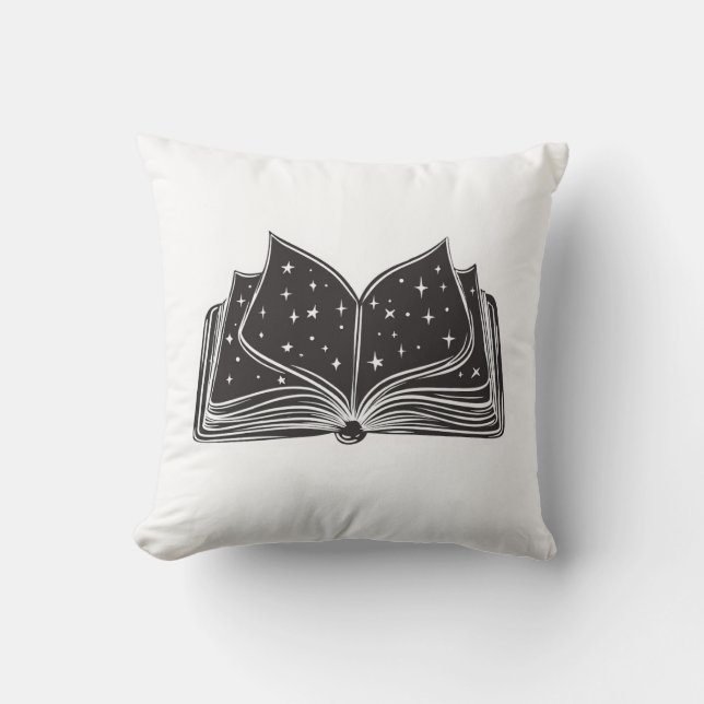 Magic Open Spellbook – Stars and Wizardry Throw Pillow (Front)