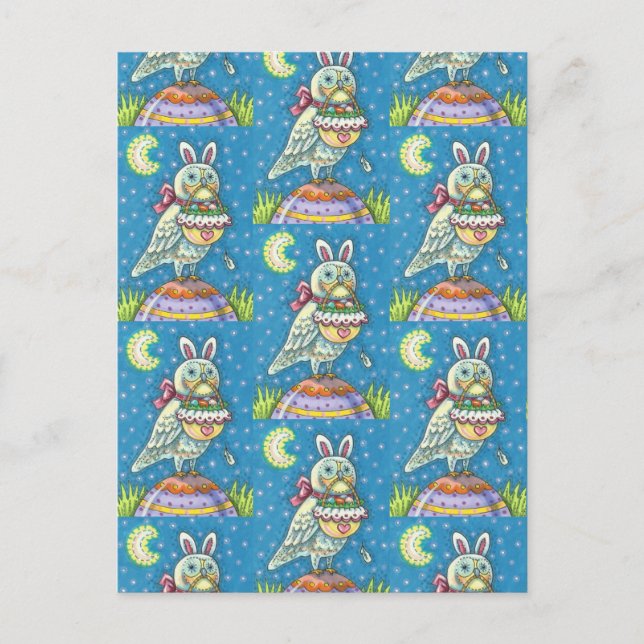 MAGIC OWL & EASTER BASKET, WHIMSICAL FOLK ART BIRD HOLIDAY POSTCARD (Front)