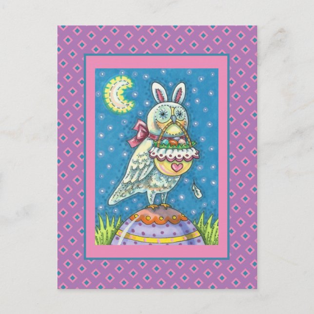 MAGIC OWL & EASTER BASKET, WHIMSICAL FOLK ART BIRD HOLIDAY POSTCARD (Front)