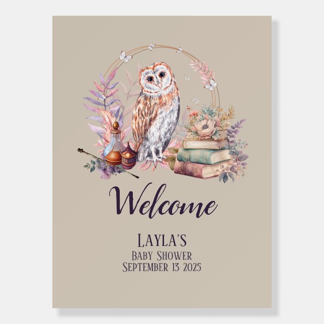 Magic Owl Girl Wizard Baby Shower Welcome Foam Board (Front)