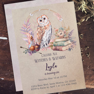 Magic Owl Girl Wizard Birthday Invitation