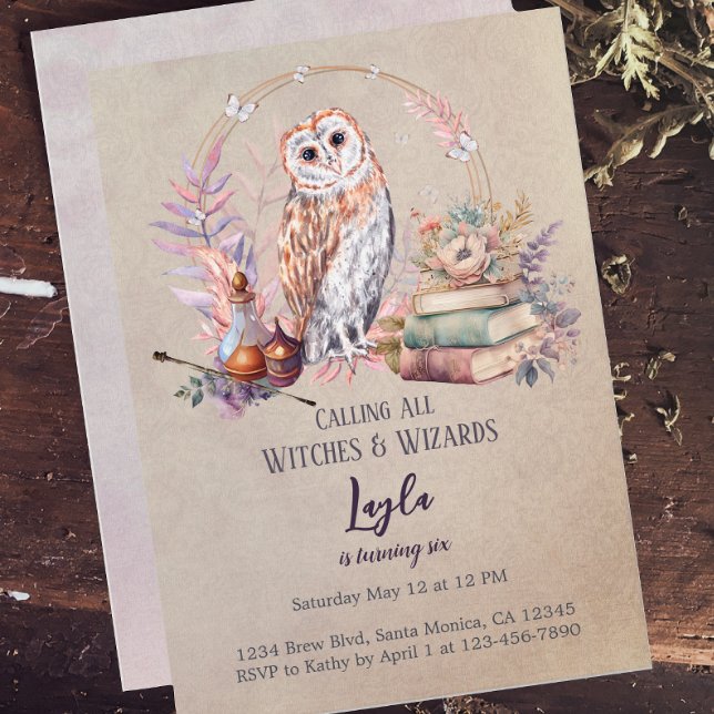 Magic Owl Girl Wizard Birthday Invitation