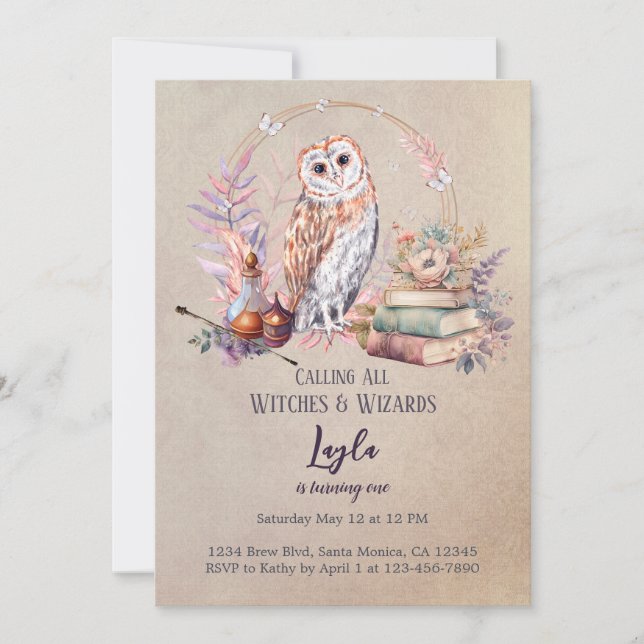 Magic Owl Girl Wizard First Birthday Invitation (Front)