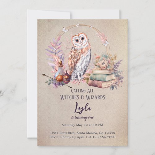 Magic Owl Girl Wizard First Birthday Invitation