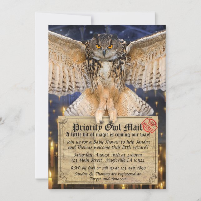 Magic Owl Mail Letter for a Wizard Baby Shower Invitation (Front)