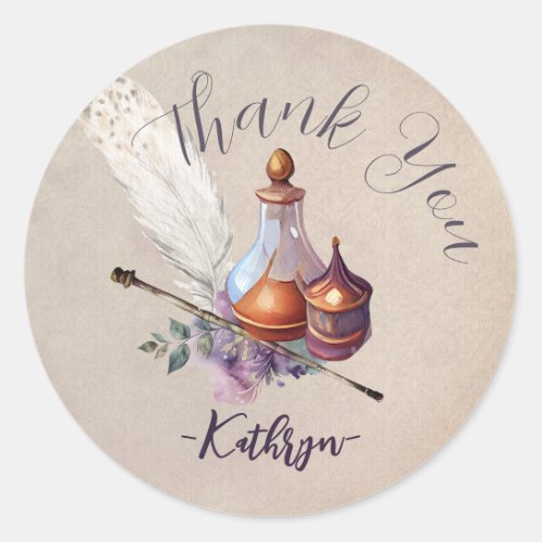 Magic Owl Wizard Watercolor Thank You Classic Round Sticker