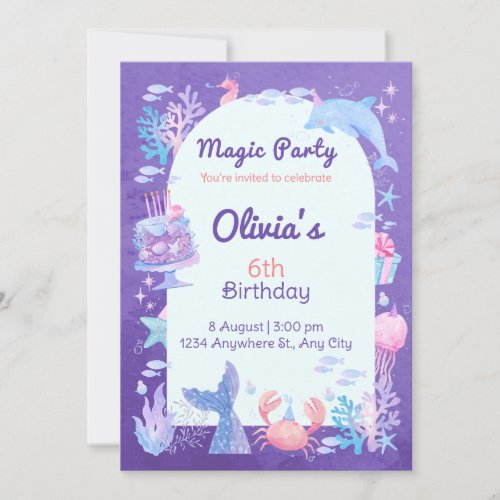 Magic party mermaid theme birthday celebration  invitation