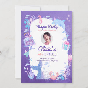 Magic party mermaid theme birthday celebration invitation