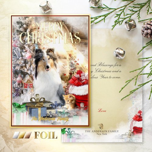 Magic Pets Christmas Blue Merle Collie  Kitten _ Foil Holiday Card