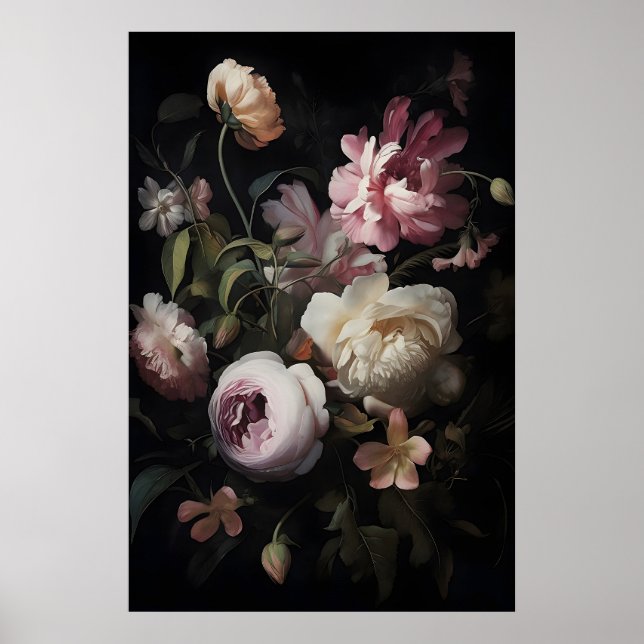 Magic Pink Flowers In Garden Print, Botanical Dark Poster (Front)
