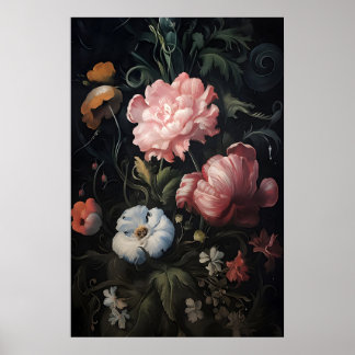 Magic pink flowers in garden print, botanical dark poster