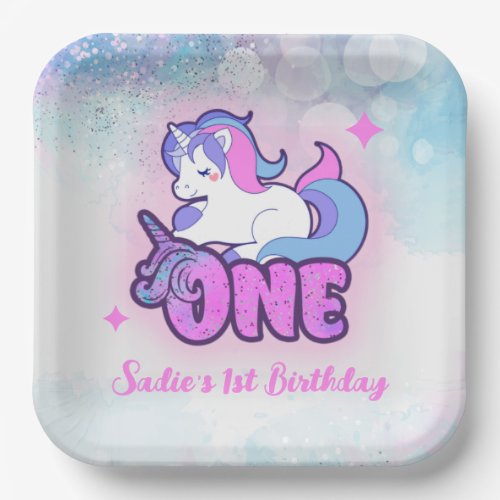 Magic Pink Purple Glitter Unicorn 1st Birthday  Paper Plates