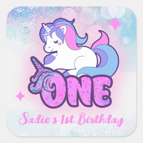 Magic Pink Purple Glitter Unicorn 1st Birthday Square Sticker