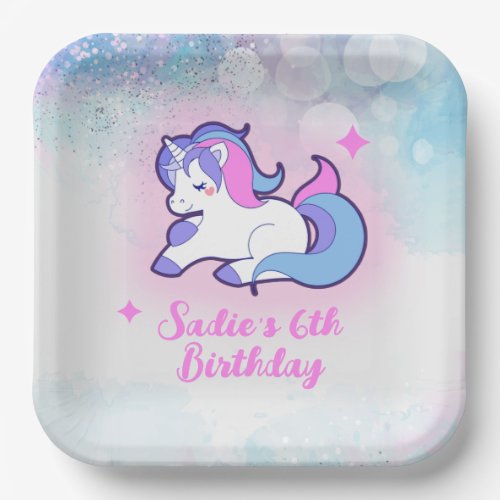 Magic Pink Purple Glitter Unicorn Any Age Birthday Paper Plates