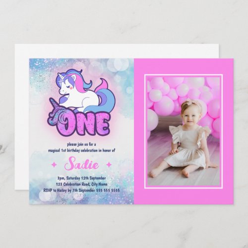 Magic Pink Purple Unicorn 1st Birthday Photo Invitation